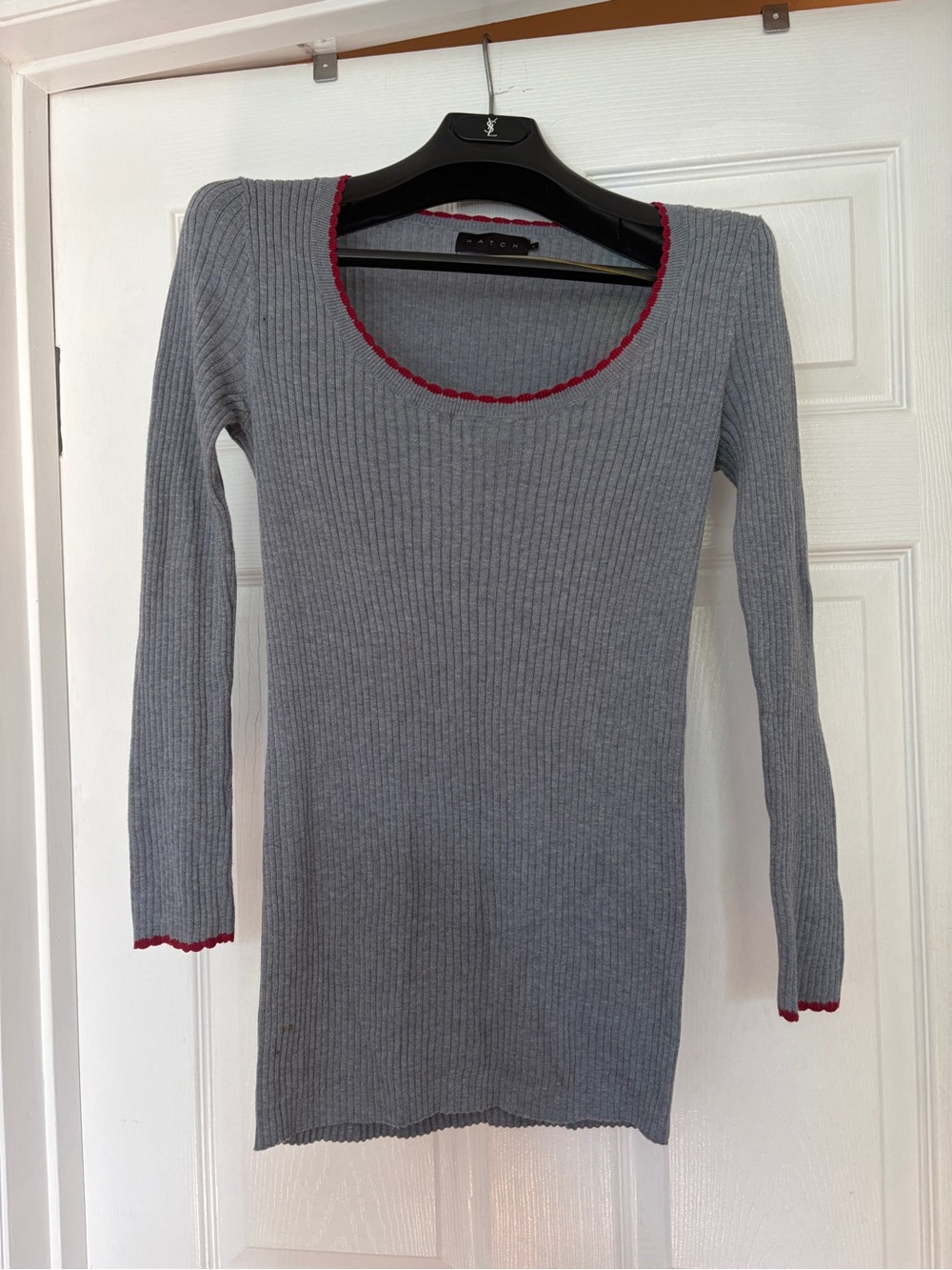 Hatch Maternity Blue Ribbed Long-Sleeve Scoop Neck Maternity Sweater, Red Trim